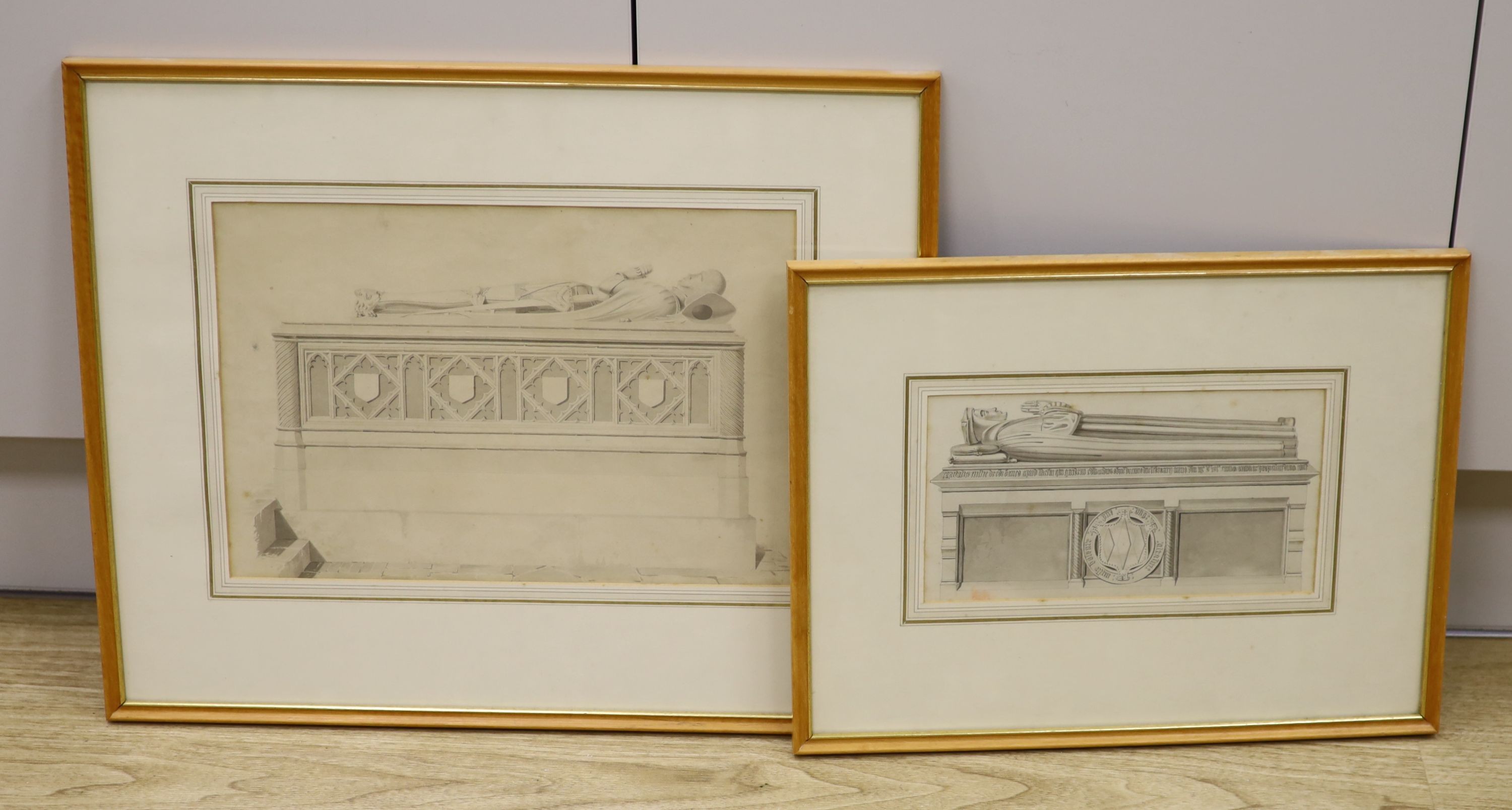 19th century English School, two watercolours en grisaille, Studies of tombs, 13 x 25cm and 24 x 36cm, belonged to John Betjeman